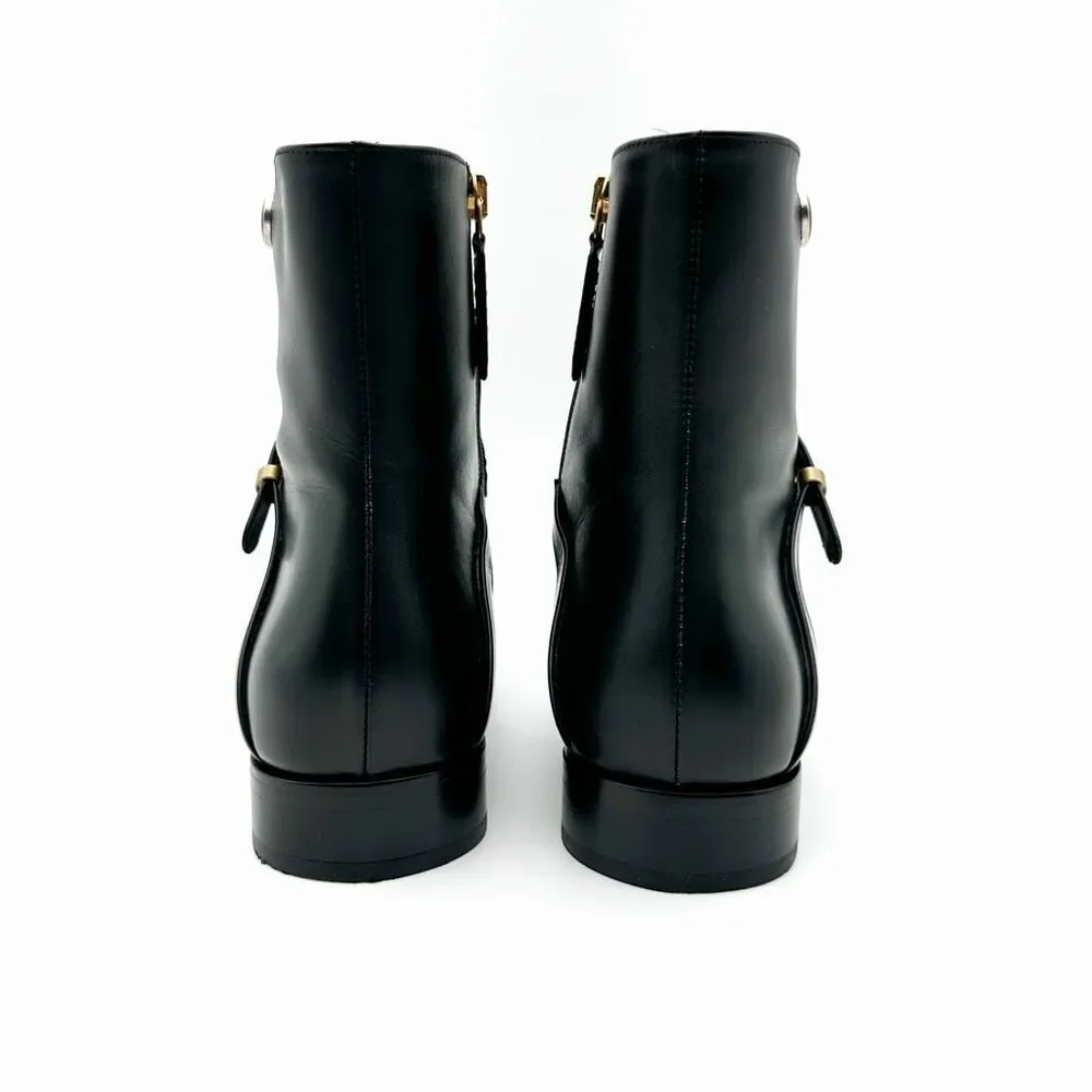 GUCCI Elite GG Ankle Boots Size 38.5 US 8.5 Black Leather Harness Low Heel Calf